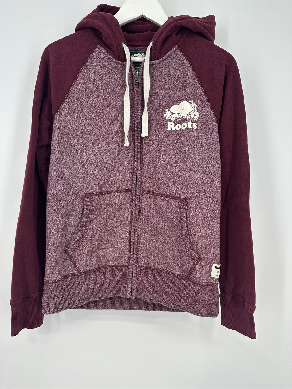 Roots Burgundy Raglan Zip Hoodie with Contrast Sleeves